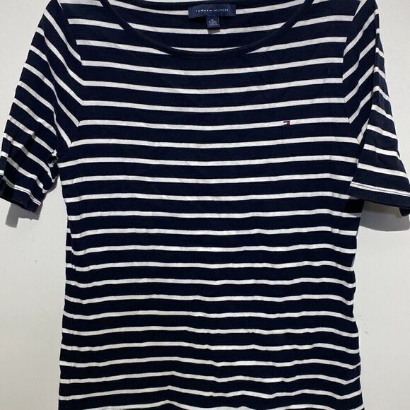 Tommy Hilfiger Women's Blue White Cotton Stripe Pullover Short Sleeve Tops Sz XL - Picture 1 of 8